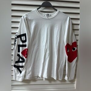 Comme des Garcons PLAY White Long Sleeve Tee with Red Heart and Black Lettering